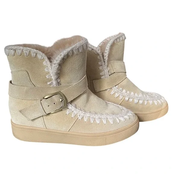 Blondo Anna Waterproof Suede Whipstitch Ankle Boots Beige Faux Fur Buckle Strap