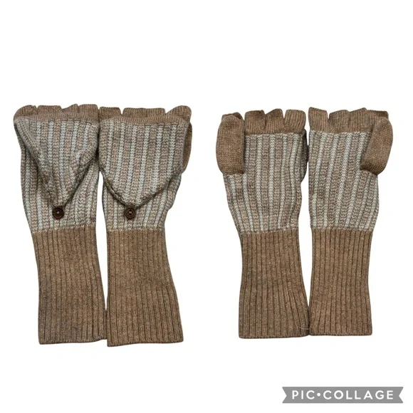Ladies Tan and‎ Ivory Knit Fingerless Mittens One Size