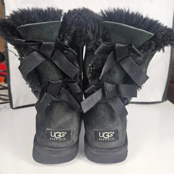 UGG Australia Bailey Bow II Double Black Suede Sheepskin Boots 1002954 Womens 8