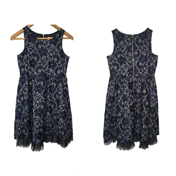 Justice Lace Tulle Fit and Flare Dress Girls 14 Navy Blue Silver Holiday Party
