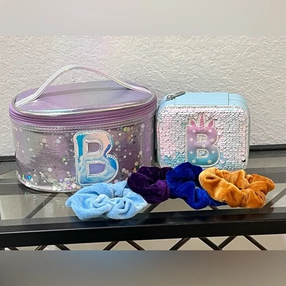 Justice Unicorn Sequin Travel Jewelry Box & Travel Cosmetic Bag w/ 4 Scrunchies