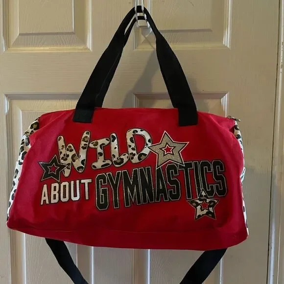 Justice Red and Cheetah print Gymnastics bag gold glitter accents black straps
