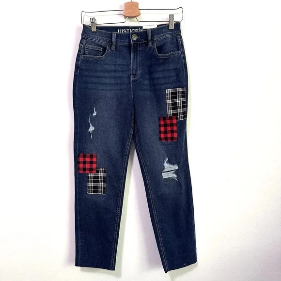 Justice Mini Mom‎ Jean Girls 16 Patchwork Raw Hem Crop 27x25 Stretch Casual NEW