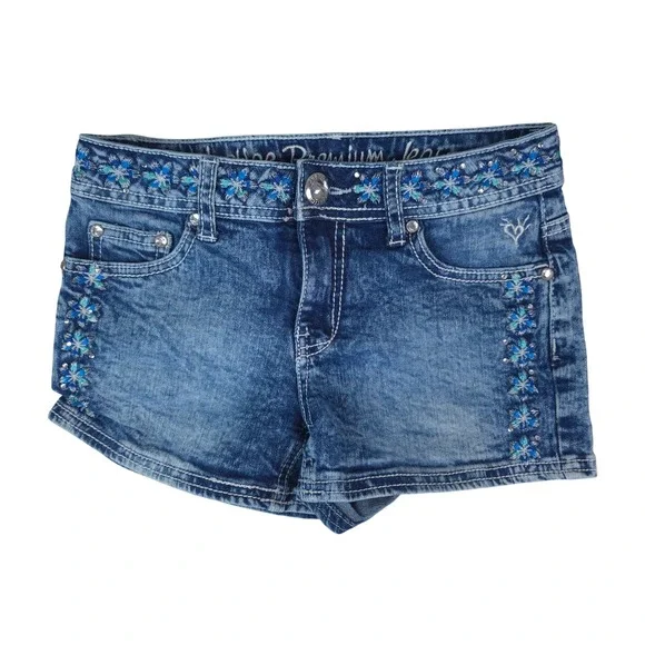 Justice Premium Denim Shorts Girls‎ 12S Blue Embroidered Rhinestone Y2K Boho