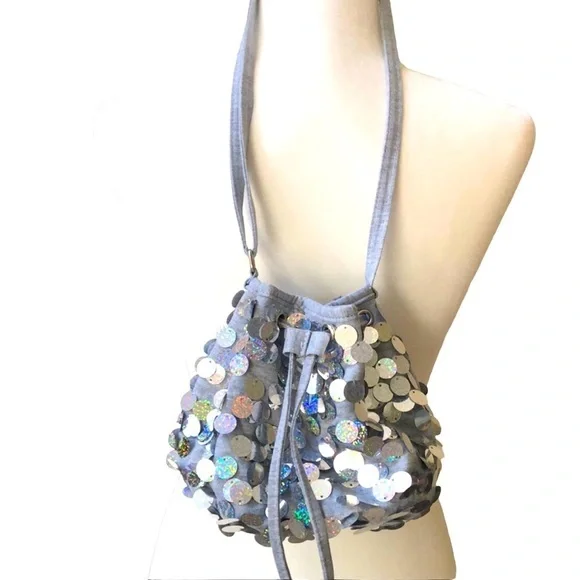 Justice Girls Heather Gray w Silver Sequin Hobo Bag Purse Lined Adjustable Strap