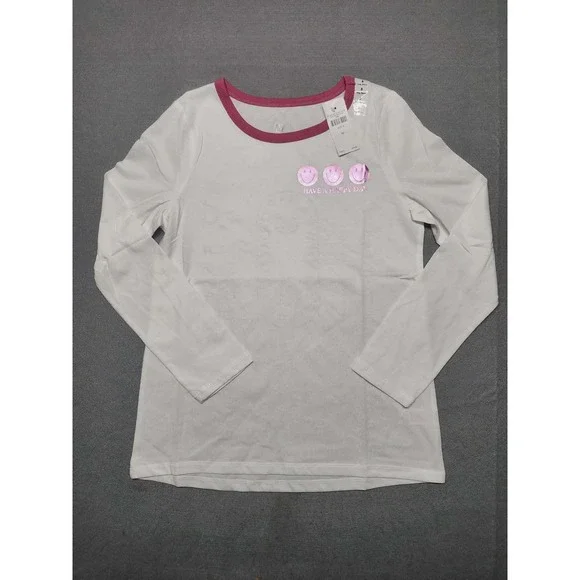 Justice Girls White Have A Happy Day Smiley Graphic Long Sleeve Tee Shirt Size 8