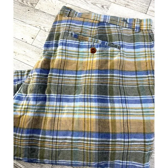 Tommy Bahama Linen Plaid Shorts Mens Madras Yellow Blue Coastal Resort Size 40