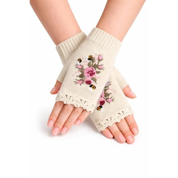 Unbranded Knit Fingerless Gloves Cream Floral Bee Embroidery Crochet Warmers‎
