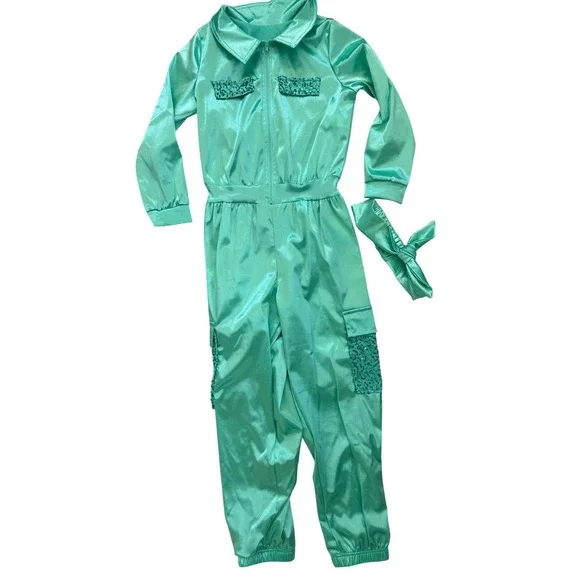 Weissman Kids Mint Green Sequin Satin Jazz Dance Jumpsuit Costume Headband‎ IC