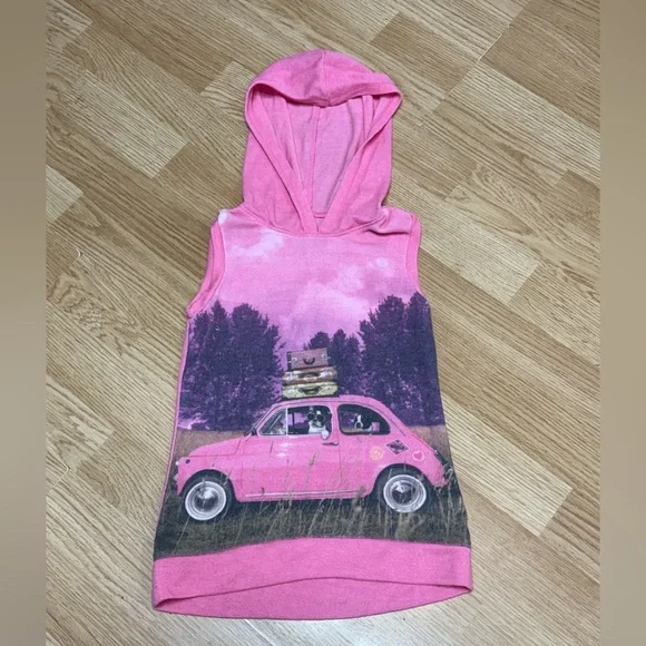 Justice Girls Size 5 Pink Sleeveless Hooded Graphic Tank Top Car Print