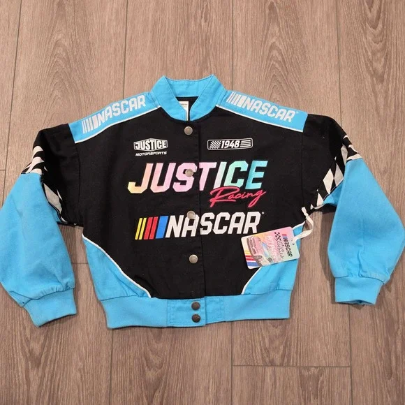 Justice x NASCAR Girls Racing Jacket Black Blue Snap Front Bomber Size S 7-8 NEW