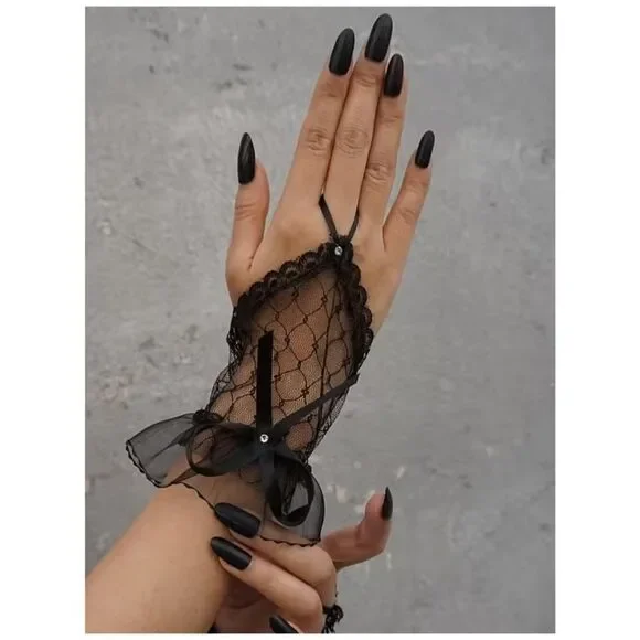 NWT Black Lace Fingerless Mesh Gloves Bow Rhinestone 7
