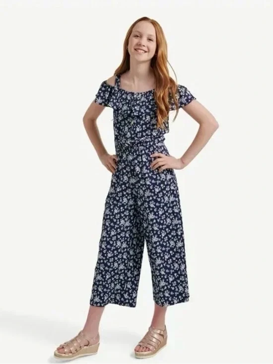 Justice Girls L(12-14) Blue Floral Cropped Jumpsuit Elastic Waist Pockets Ruffle