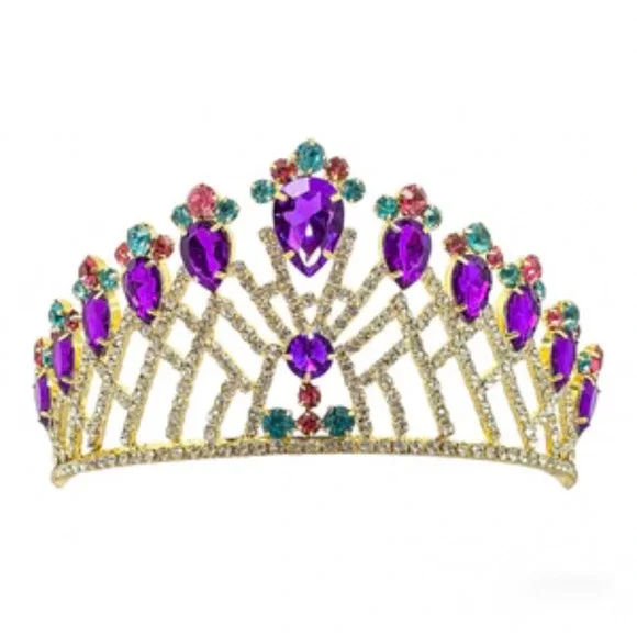 Tiara Crown Metal Women Gold Purple Teal Rhinestone Pageant‎ Regal Birthday NOLA