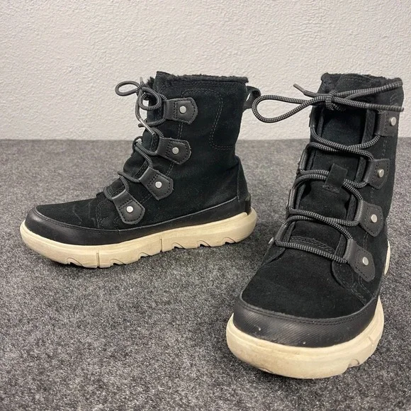 Sorel Explorer Joan Womens 7 Waterproof Winter Boots Black Fur Lined NL4462
