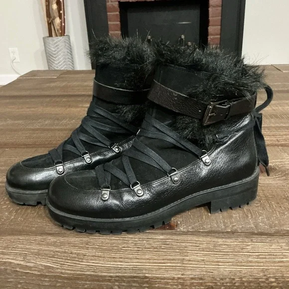 Nine West Orynne black leather and suede cold weather boots with faux fur Sz 8.5