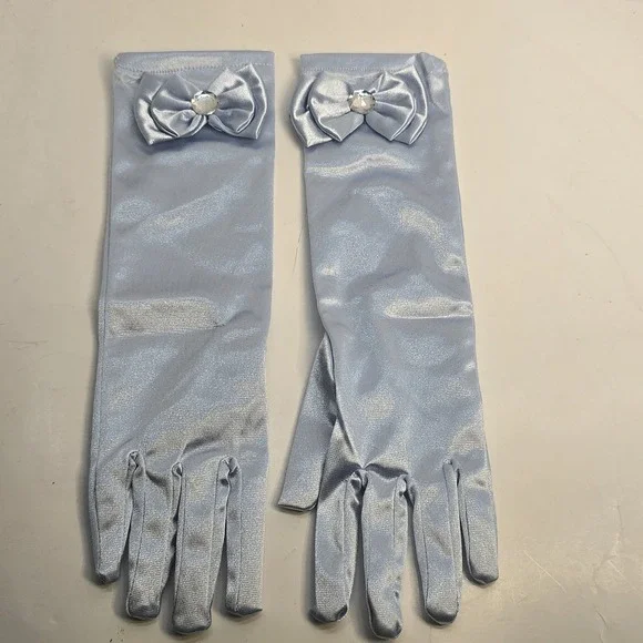 Girls‎ Light Blue Satin Princess Gloves with Bow and Rhinestone Formal Costume
