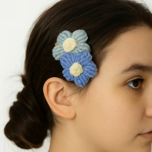 Hand Crafted TikTok Trend Hair Barrette Crocheted Puffy 2-Flowers Blue & White