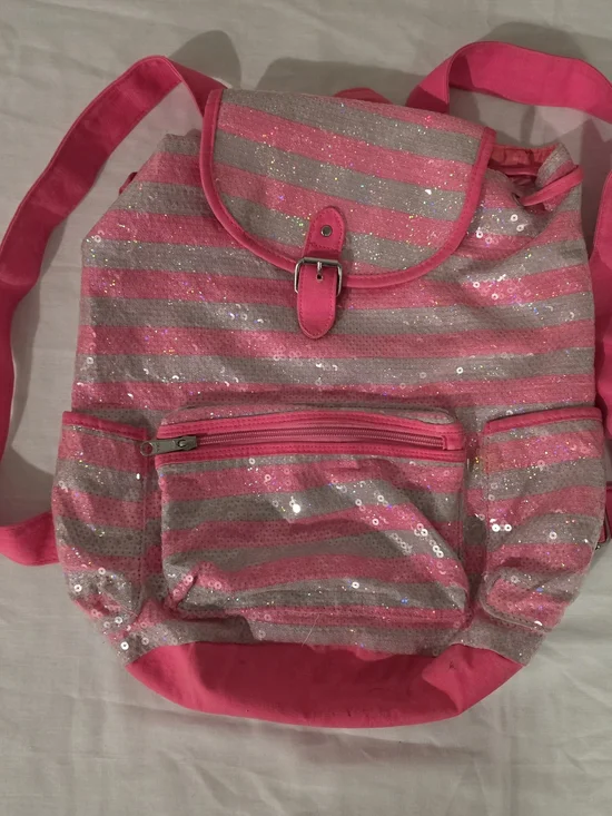 Justice Pink Sequin Striped Children’s Drawstring Backpack