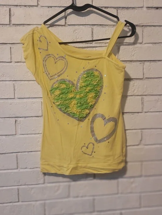 Justice Girls Yellow One-Shoulder Heart Graphic Top - Size 14