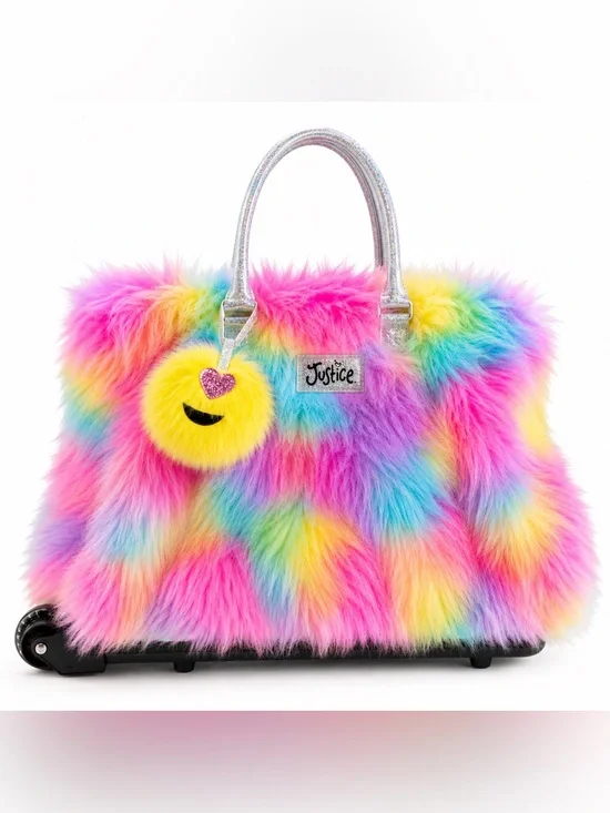Justice Rainbow Faux Fur Rolling Tote Weekender Bag Kids Tween Glitter Handle