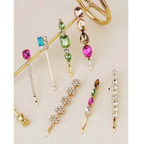 Boho Colorful Rhinestone Gold Tone Hair Clip Set
