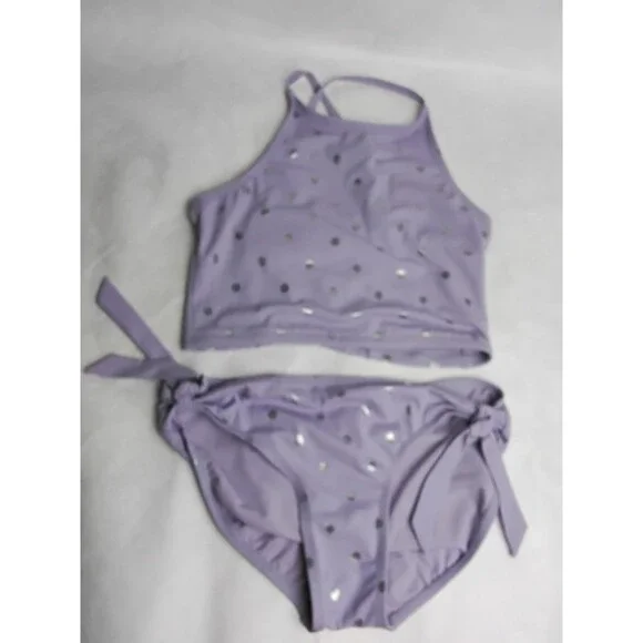 Justice Girls 2 Pc Bikini Swimsuit Soft Lavender Shiny Silver Polka Dots Sz 14