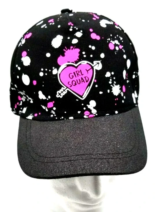 Justice Girl Squad Baseball Cap Black Pink Heart Paint Splatters SUPER CUTE