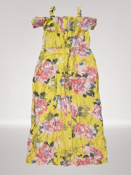 Justice Girls Yellow Floral Maxi Dress Size 12 Cold Shoulder Button Front
