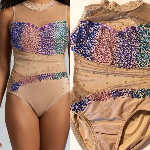 AA dance design costume solo tan beige nude illusion custom rhinestone ombre S