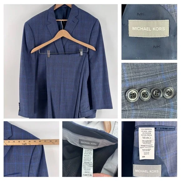 Michael Kors Suit Mens 48R 40W Blue Grey Plaid Wool Blend Natural Stretch