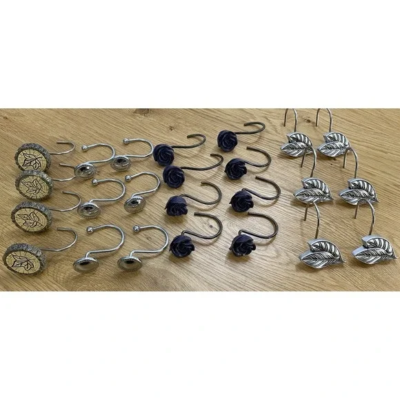 Lot of 24 Metal Resin Shower Curtain Hooks Leaf‎ Purple Roses Wooden Tree Ring