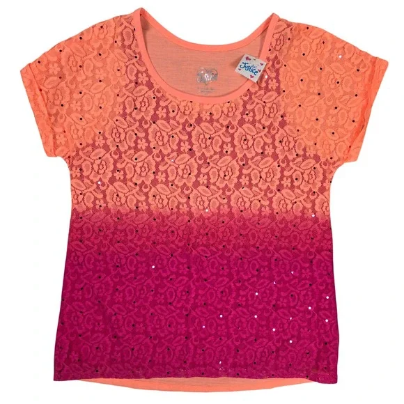 Justice Lace Ombre Sequin Top Girls Size 12 Pink Orange NEW Baby Doll Sparkle