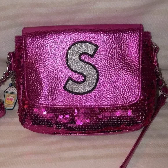 Justice “S” Monogram Fuchsia Pink Sequin Purse Bag with Emoji Charms