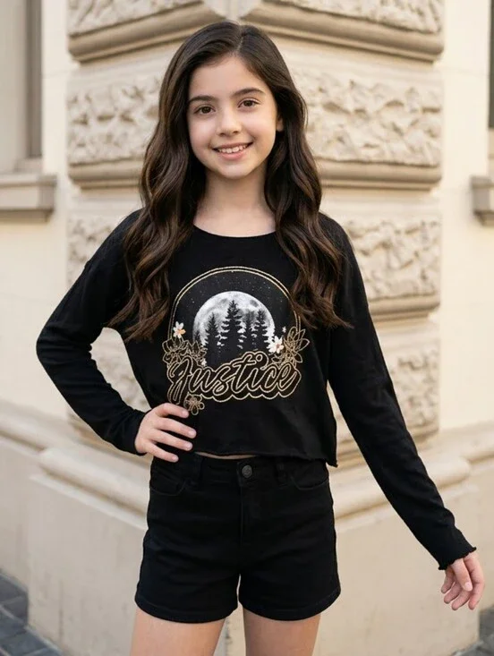 Justice Girls 10 Black Flyaway Tee Graphic Long Sleeve Ribbed Knit T-Shirt Top