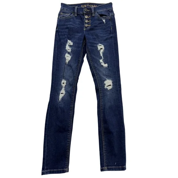 Justice Jeans‎ Girls 10 Slim Blue Skinny Dark Wash Distressed Button Fly Denim