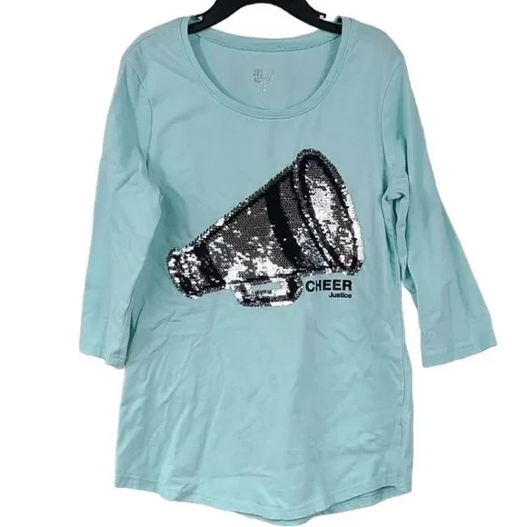 Justice Active Girls 10 Aqua Reverse Sequin Cheer Megaphone Tee Cute T-Shirt
