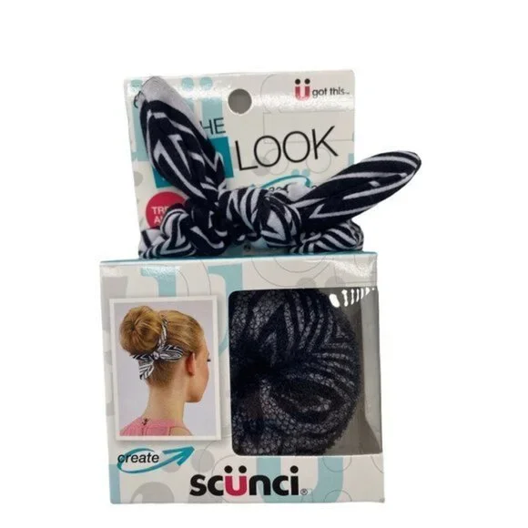 Scunci Get the Bun Look Maker 6 Piece Kit Black White Stripes Hair Accessories‎