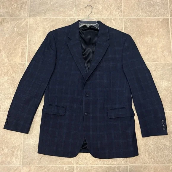 JOS A BANK 1905 Navy Blue Blazer Mens 43 Reg Fit Plaid Sport Coat Jacket