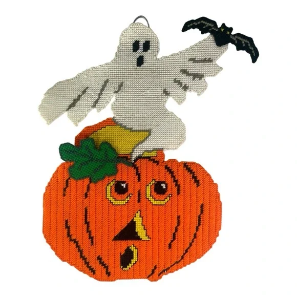 VTG 80's Halloween Handmade Cross Stitch Pumpkin Ghost Decor Large 18
