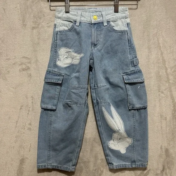 Justice Looney Tunes‎ Barrel Jeans Youth Size 6 Light Wash Cargo Denim