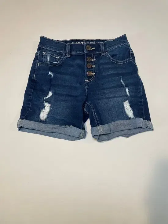 Justice Girls Cuffed Jean Shorts – Size 12 Black Denim Distressed Button Closure