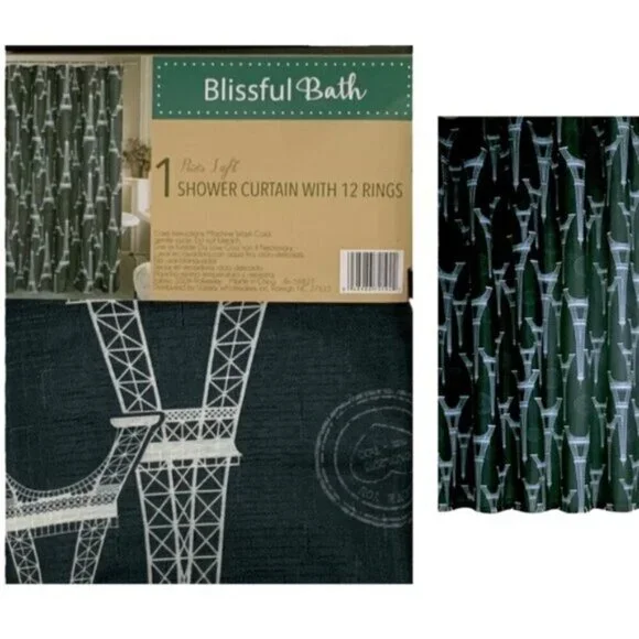 Blissful Bath Paris Shower Curtain Fabric Paris Eiffel Tower Hooks Black White