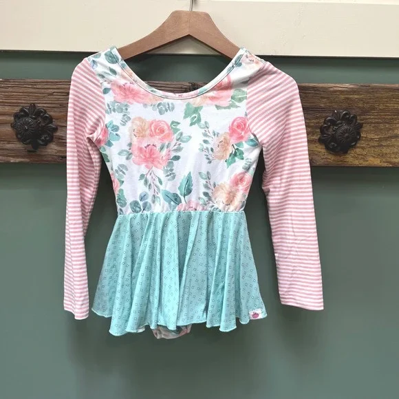 Cheeky Plum Girls 6Y Floral Striped Mint Leotard Dress Long Sleeve Boutique