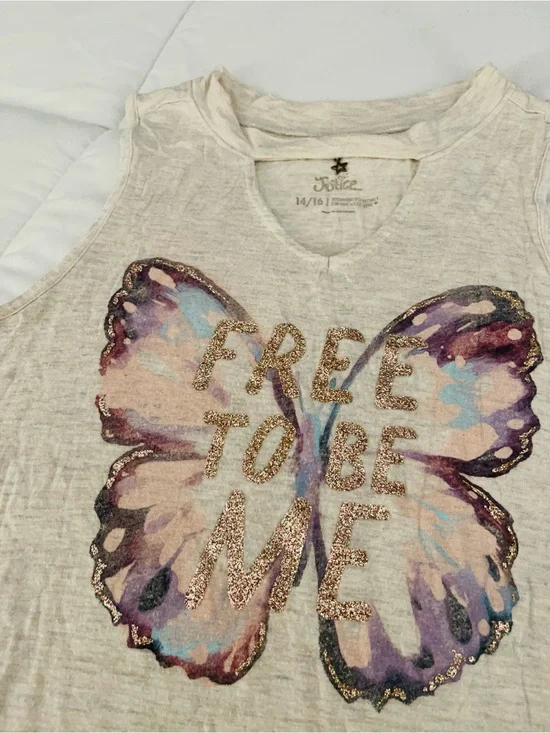 Justice Girls Cream Tank with Pastel Butterfly and Gold Glitter