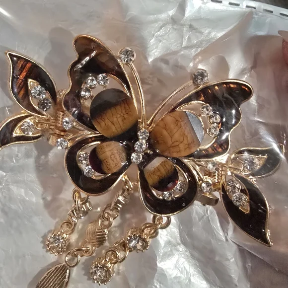 Elegant Gold and Brown Butterfly Hair Clip