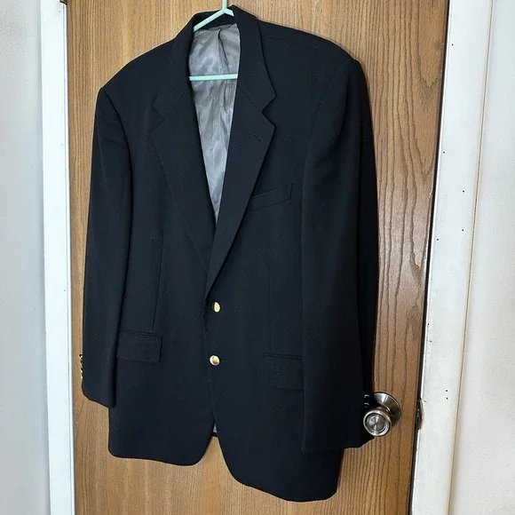 Hilton Men's Sports Jacket Sz 44R‎ 100% Wool Tessuto Lessona Gold Buttons Black