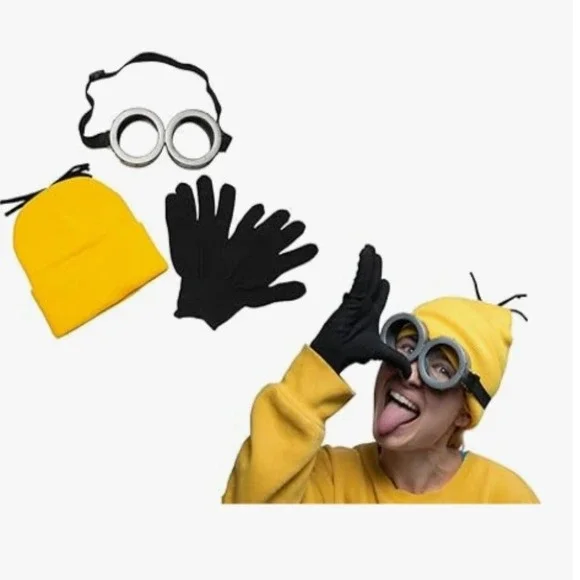 Minion‎ Costume Accessory Set Yellow Beanie Goggles Black Gloves Kids Halloween