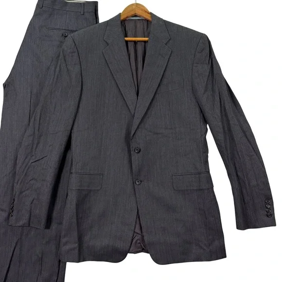 Hickey Freeman Men 40XL Slim Fit Madison Suit Grey Herringbone Wool 34x32 USA