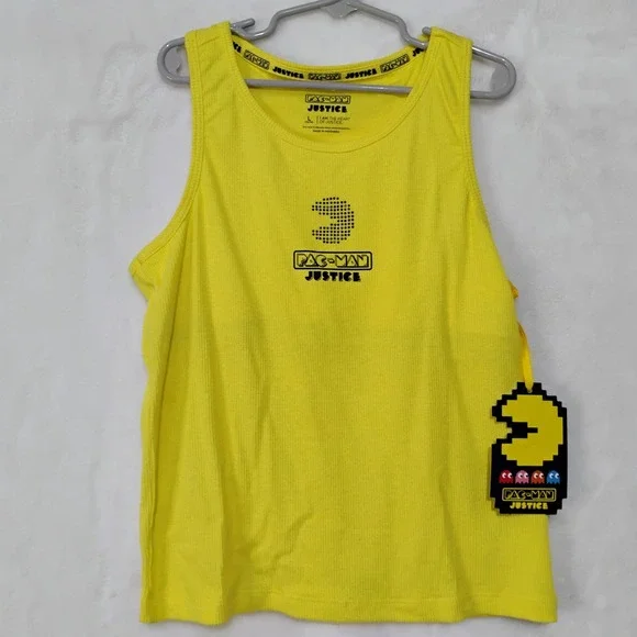 Justice Pac-Man Ribbed Tank Top Girls Size L 12/14 Yellow‎ Sleeveless Graphic T